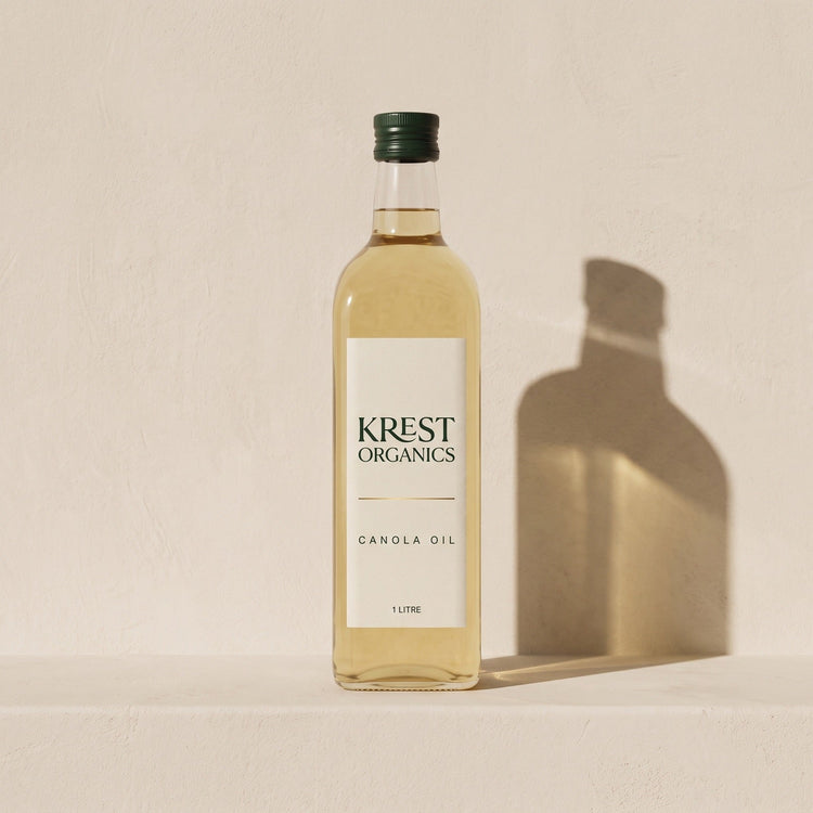 Krest Organics canola oil, 1 litre glass bottle