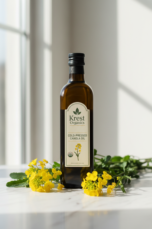 Krest Organics Pure Cold-Pressed Canola Oil in premium glass bottle